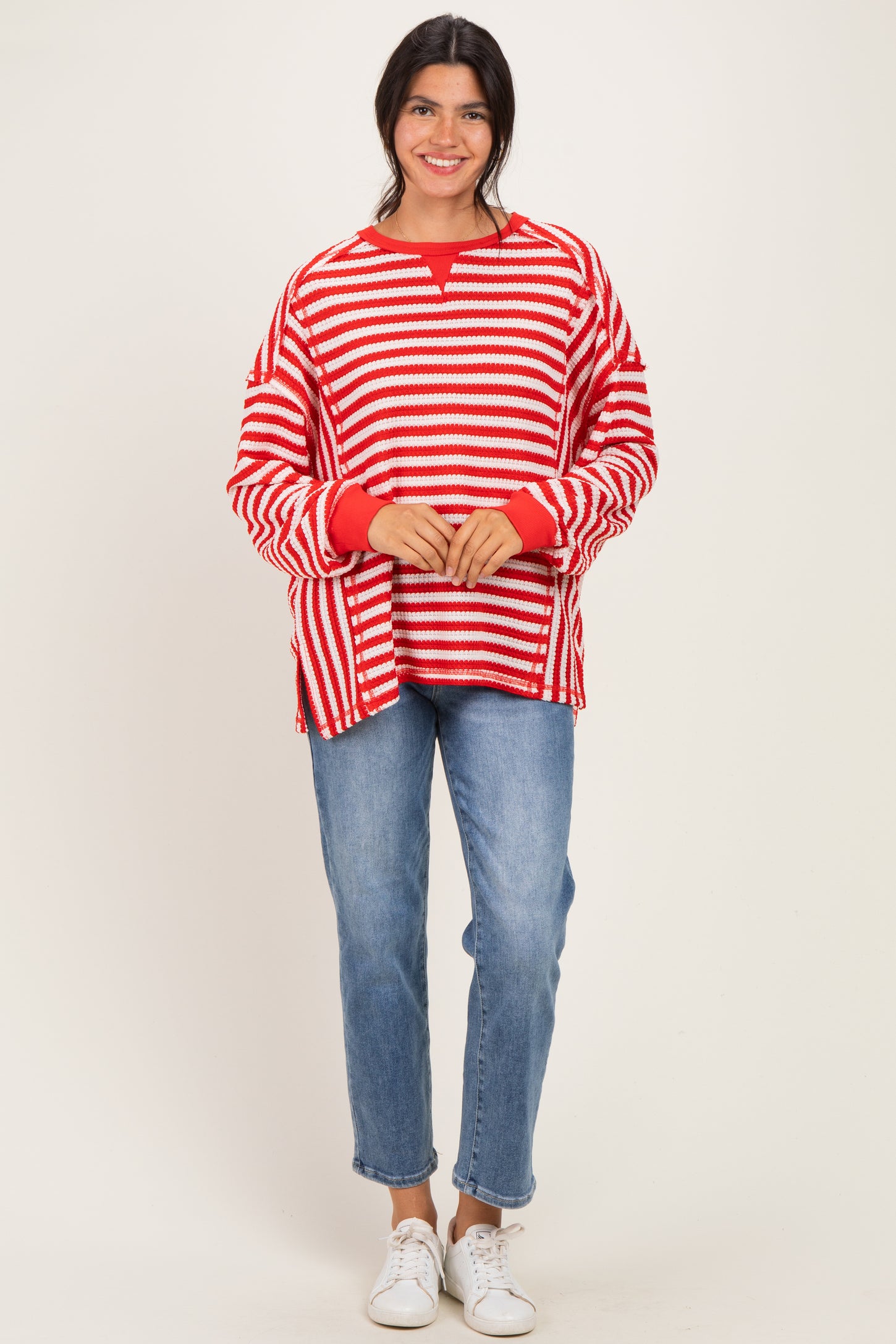 Red Striped Waffle Knit Oversized Pullover Top