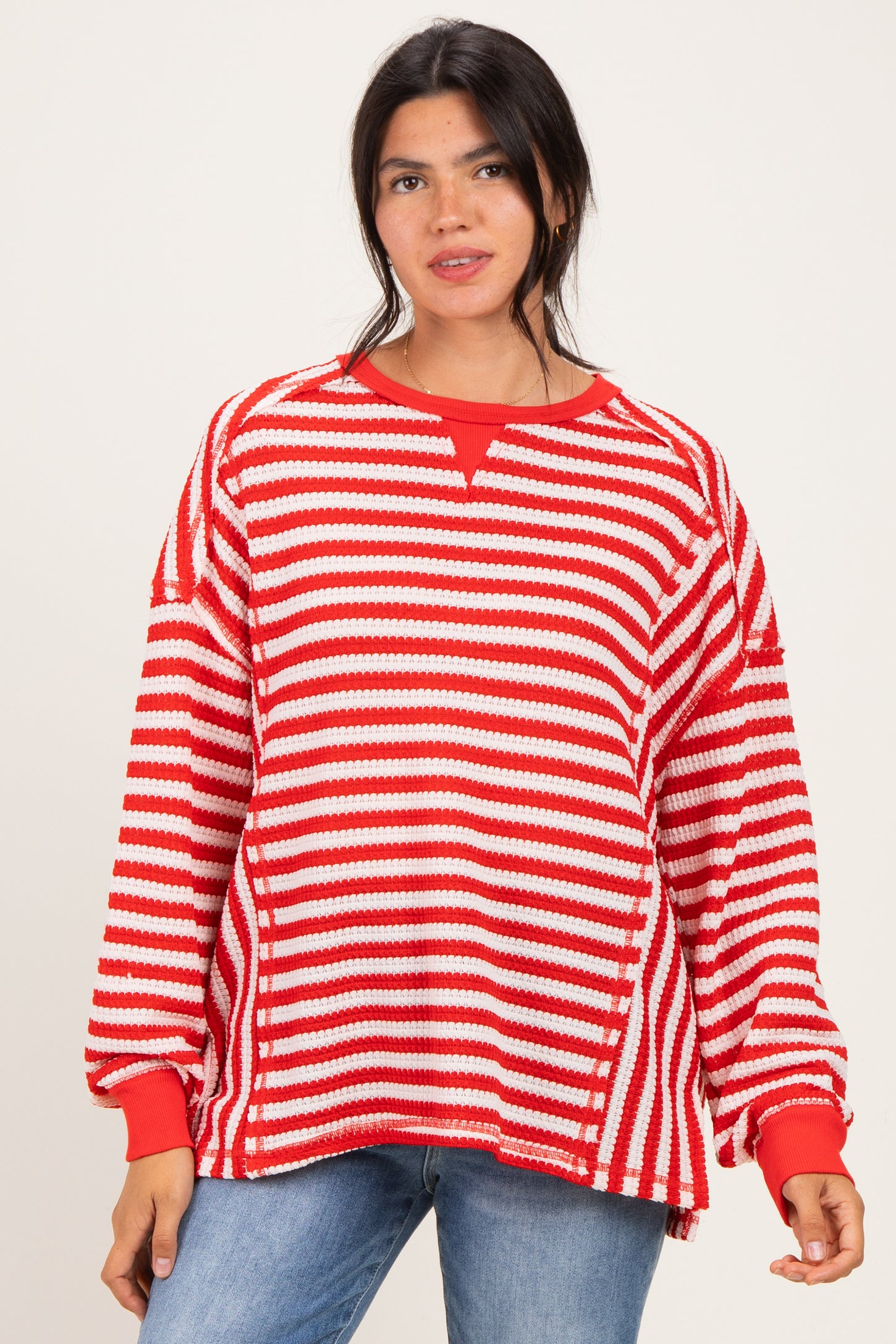 Red Striped Waffle Knit Oversized Pullover Top