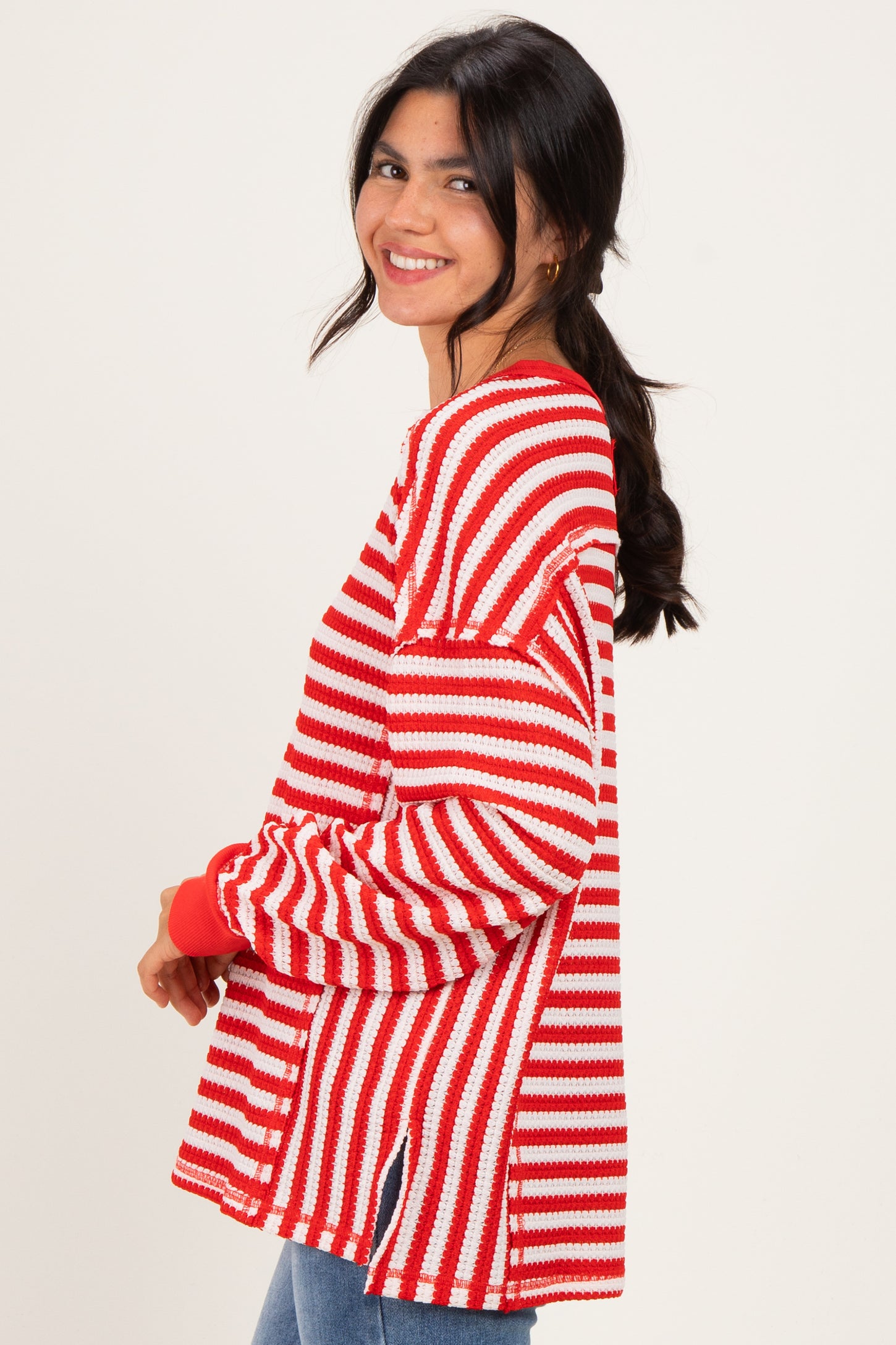Red Striped Waffle Knit Oversized Pullover Top