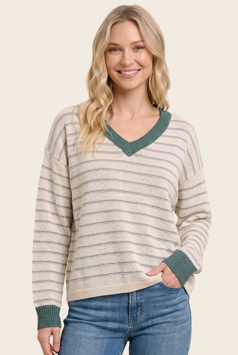 Jade Striped Solid Trim V-Neck Maternity Sweater