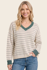 Jade Striped Solid Trim V-Neck Maternity Sweater