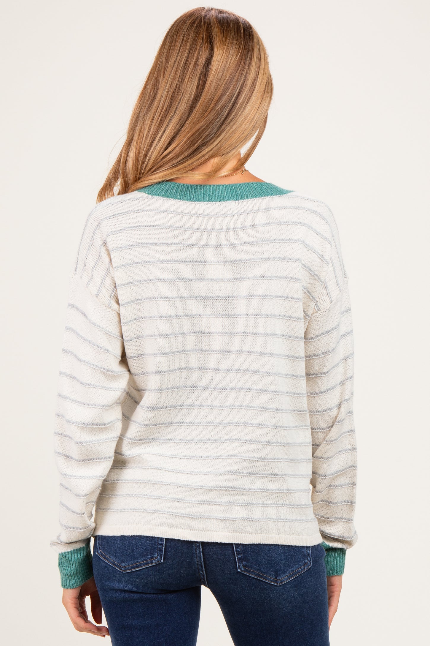 Jade Striped Solid Trim V-Neck Maternity Sweater