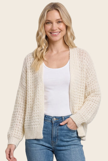 Ivory Chunky Waffle Knit Open Cardigan