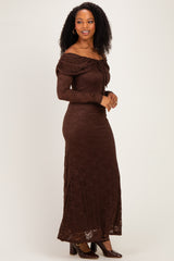 Brown Lace Off Shoulder Long Sleeve Maternity Maxi Dress