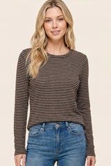 Brown Basic Striped Long Sleeve Top