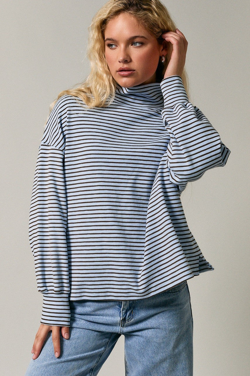 Light Blue Striped Mock Neck Oversized Top