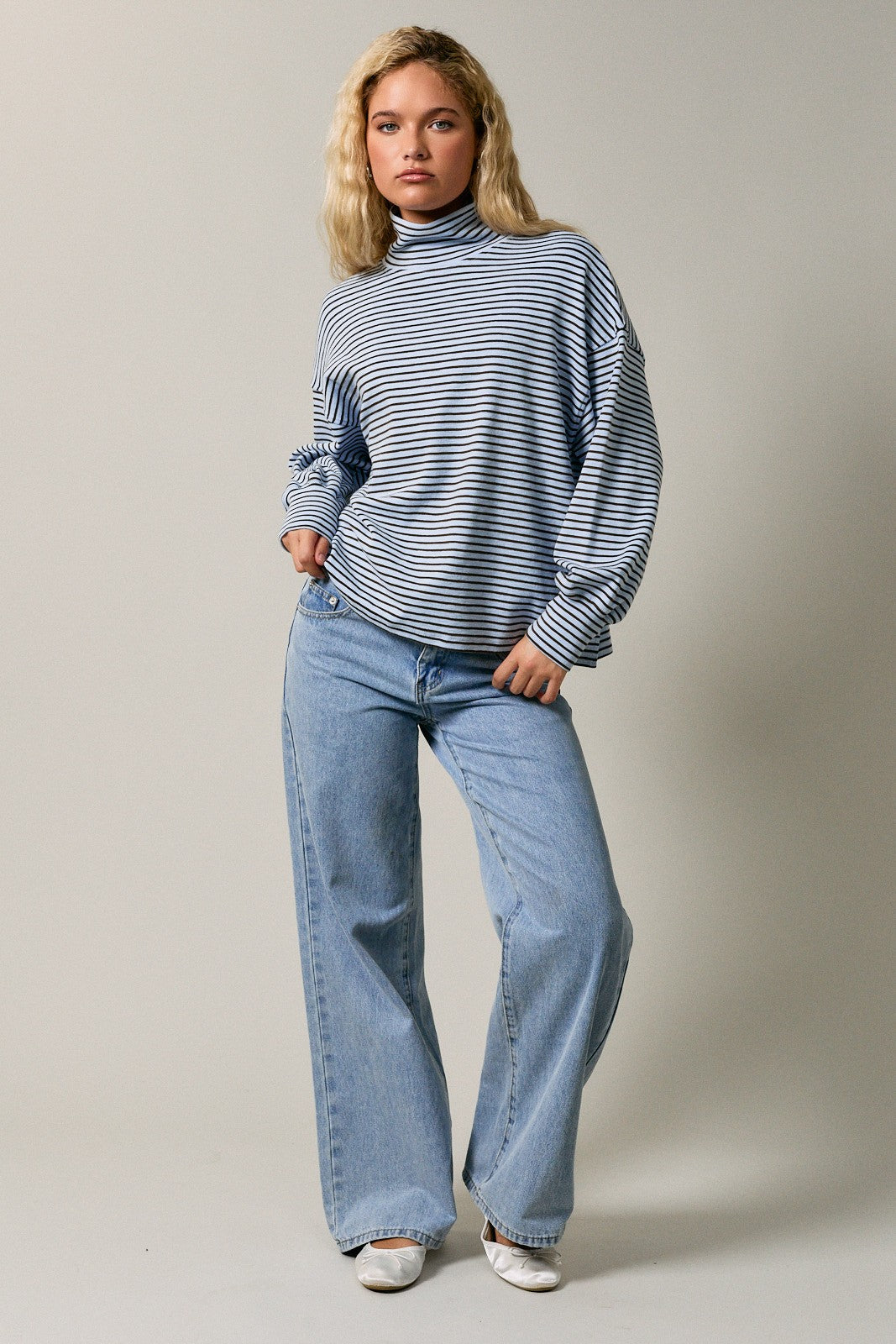 Light Blue Striped Mock Neck Oversized Top