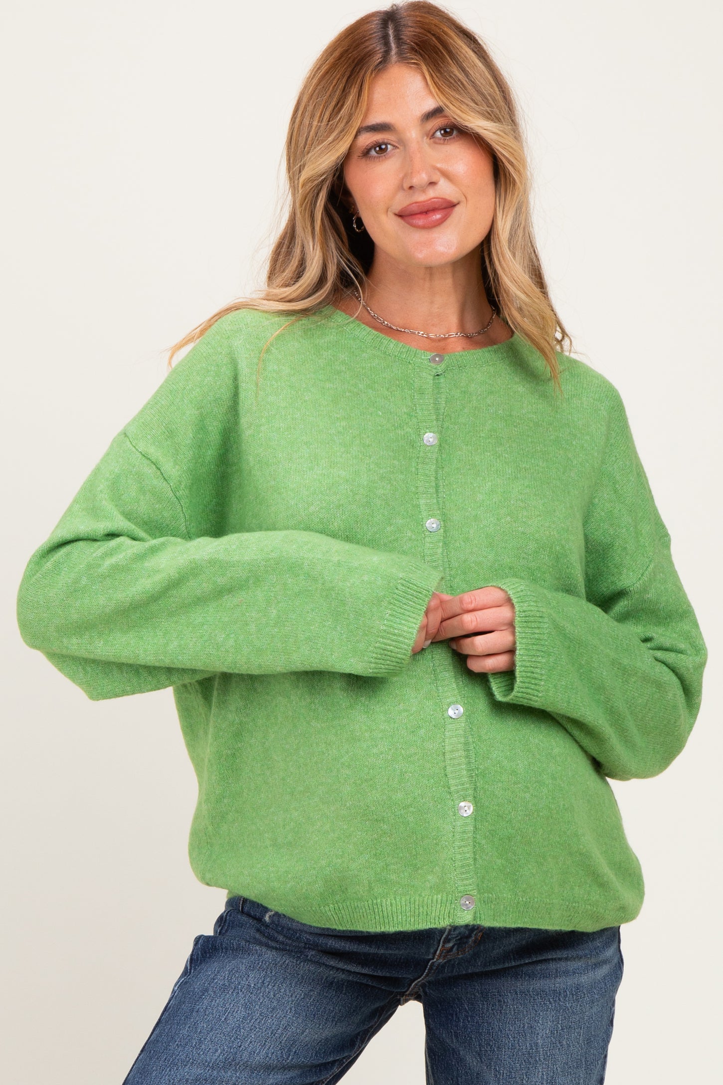 Light Green Long Sleeve Crew Neck Maternity Cardigan