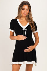 Black Contrast Ruffle Short Sleeve Maternity Mini Dress