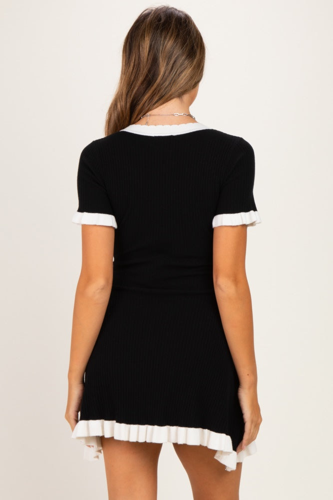 Black Contrast Ruffle Short Sleeve Maternity Mini Dress