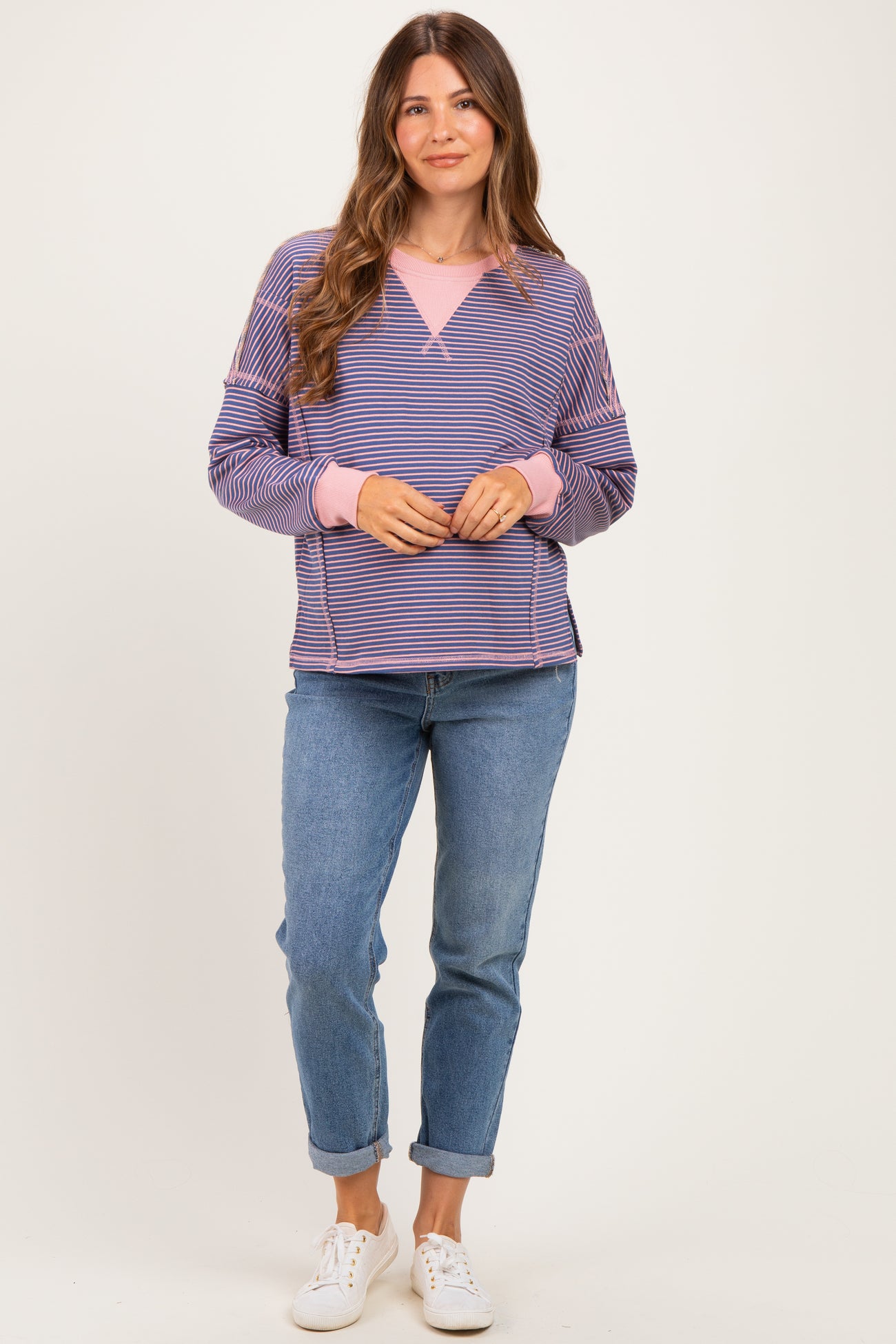 Pink Navy Striped Oversized Maternity Pullover