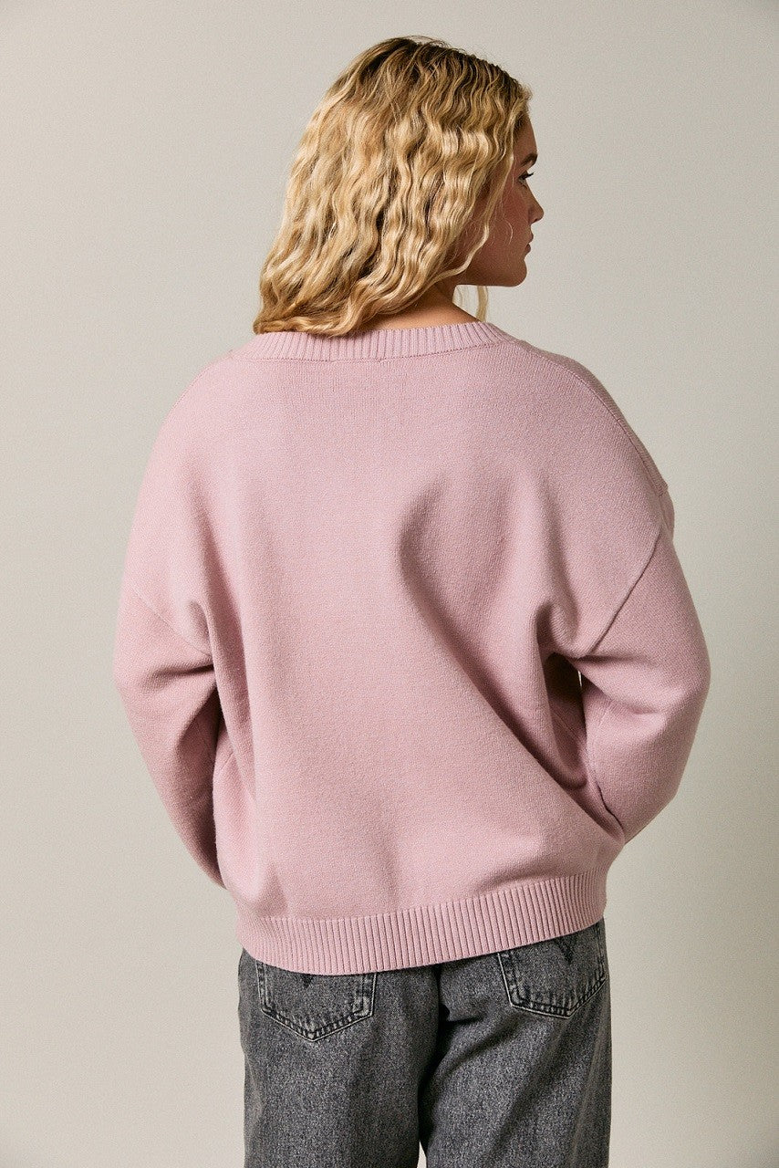 Dusty Pink V-Neck Drop Shoulder Sweater