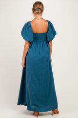 Teal Square Neck Puff Sleeve Maternity Maxi Dress