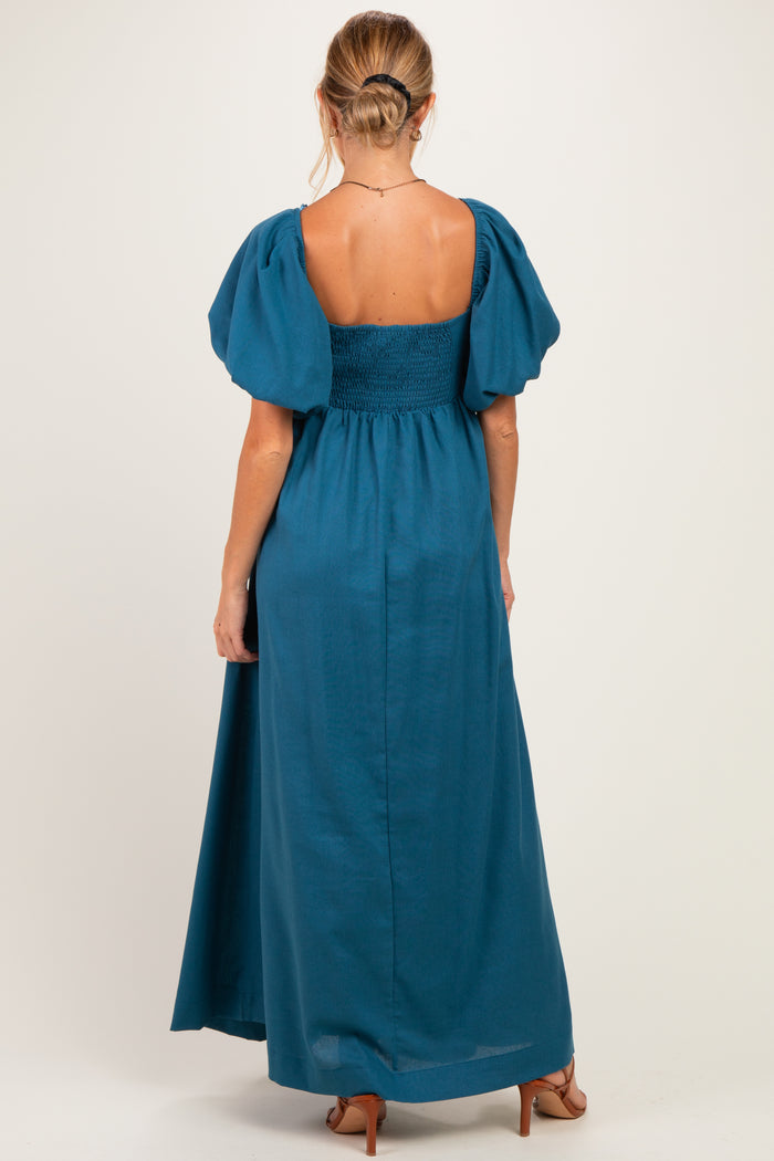 Teal Square Neck Puff Sleeve Maternity Maxi Dress