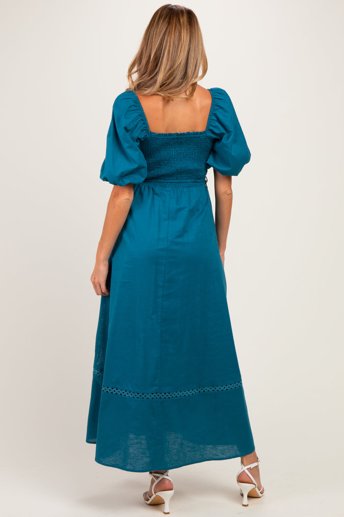 Teal Crochet Lace Smocked Maternity Maxi Dress