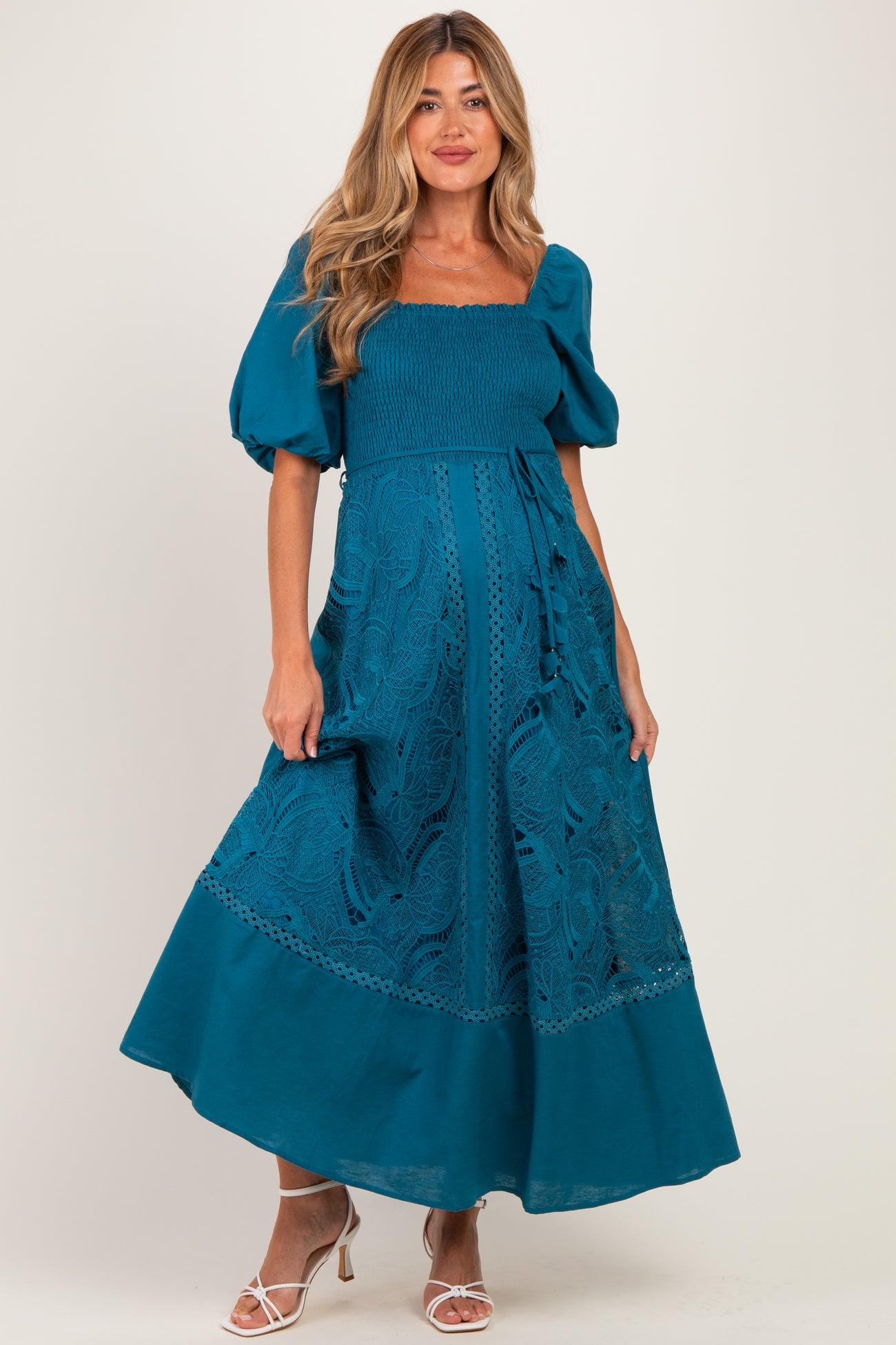 Teal Crochet Lace Smocked Maternity Maxi Dress