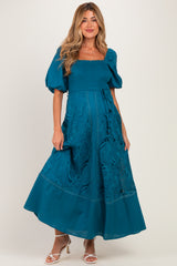 Teal Crochet Lace Smocked Maternity Maxi Dress