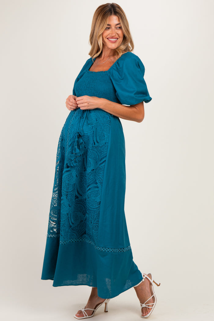Teal Crochet Lace Smocked Maternity Maxi Dress