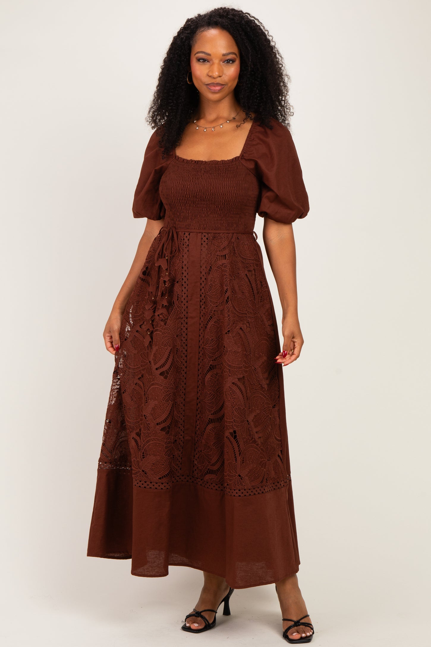 Dark Brown Crochet Lace Smocked Maternity Maxi Dress