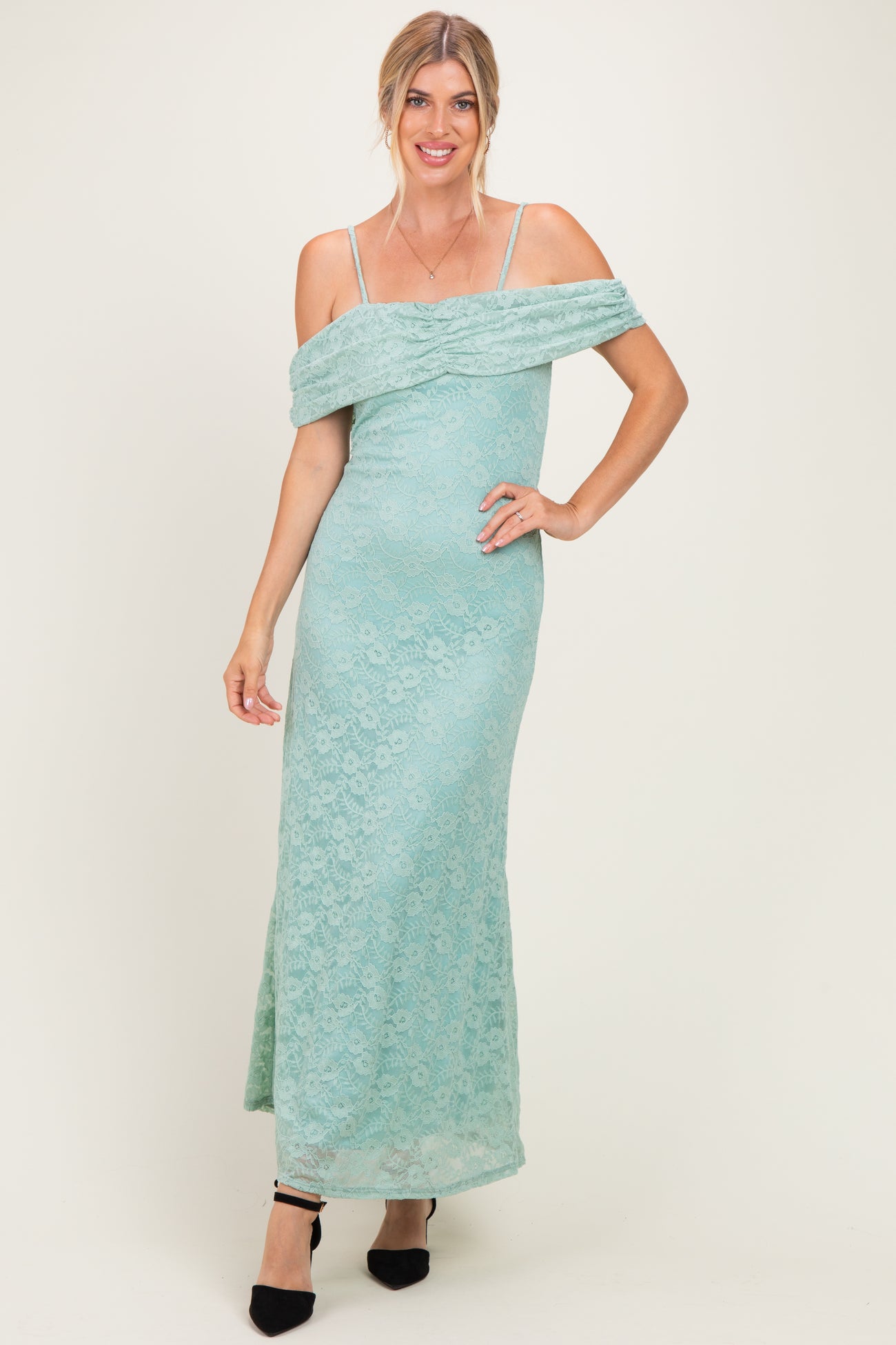 Seafoam Lace Off Shoulder Maternity Maxi Dress