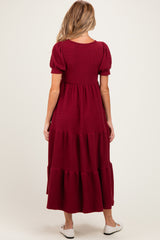 Burgundy Solid Short Sleeve Tiered Maternity Maxi Dress