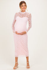 Light Pink Lace Mock Neck Long Sleeve Maternity Maxi Dress