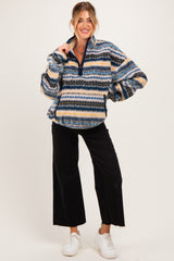 Blue Printed Fleece Oversized Half Zip Maternity Pullover