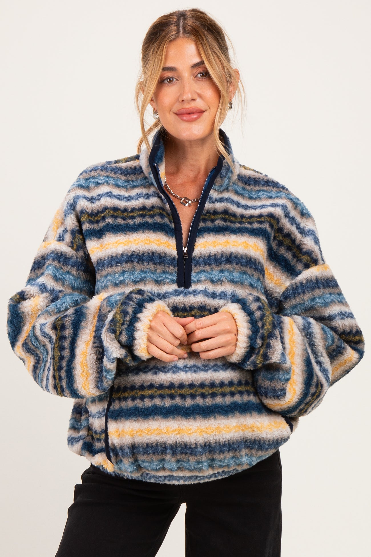 Blue Printed Fleece Oversized Half Zip Maternity Pullover