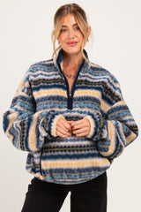 Blue Printed Fleece Oversized Half Zip Maternity Pullover