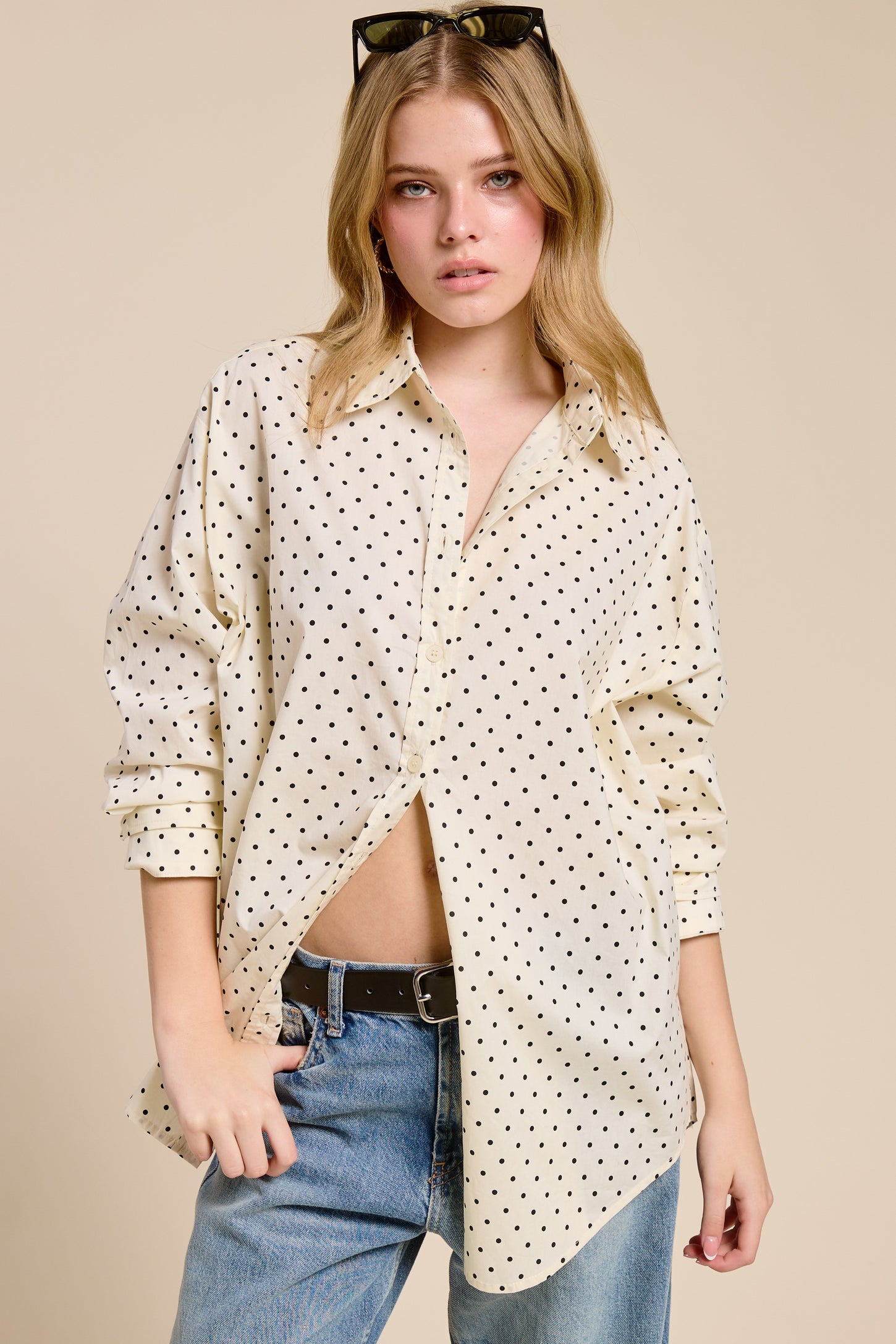 Ivory Polka Dot Oversized Button Down Shirt