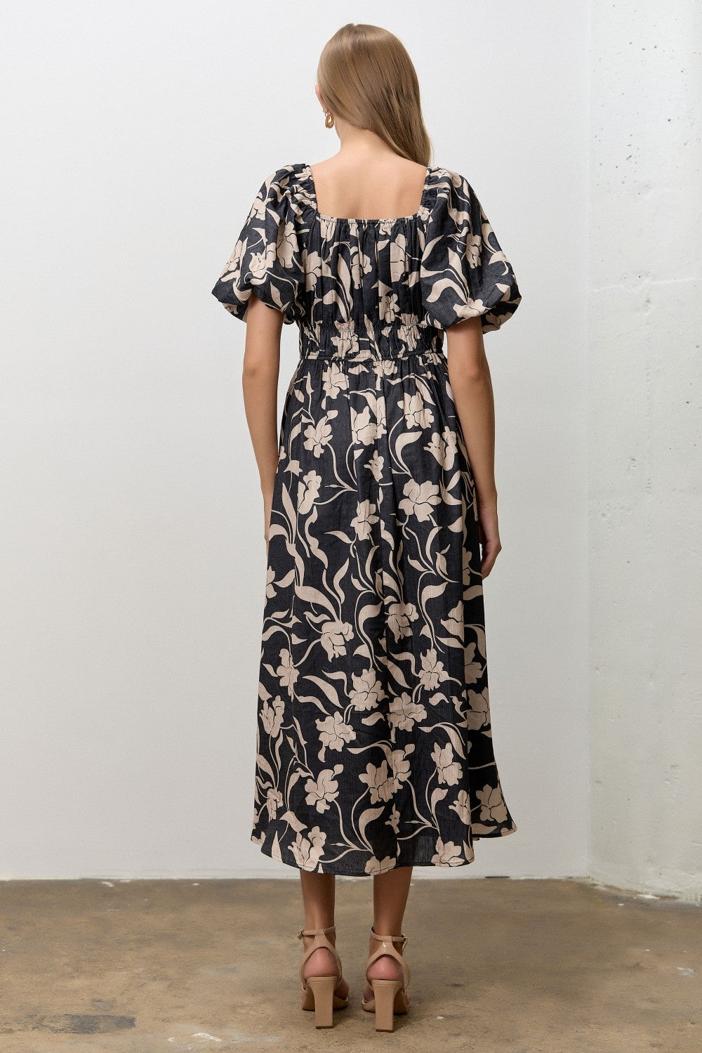 woman wearing a black floral midi dress with puff sleeves and a smocked back view