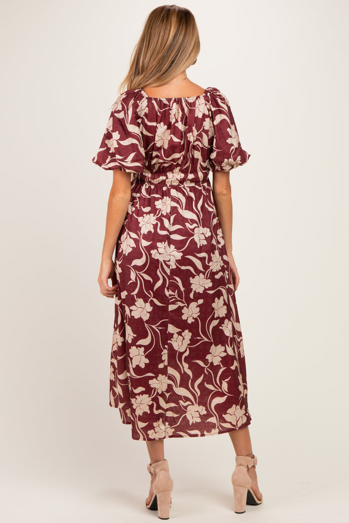 Mahogany Floral Square Neck Puff Sleeve Maternity Midi Dress