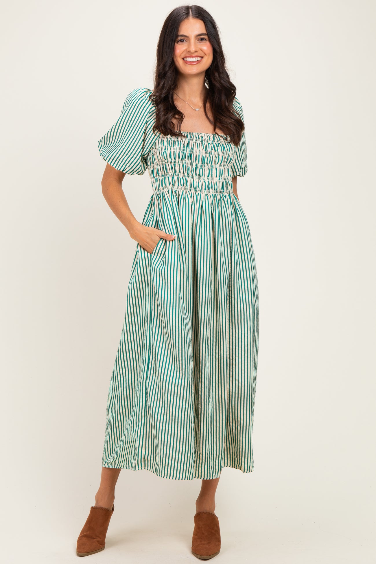 Green Square Neck Smocked Striped Maternity Midi Dress