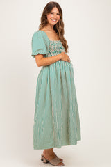 Green Square Neck Smocked Striped Maternity Midi Dress