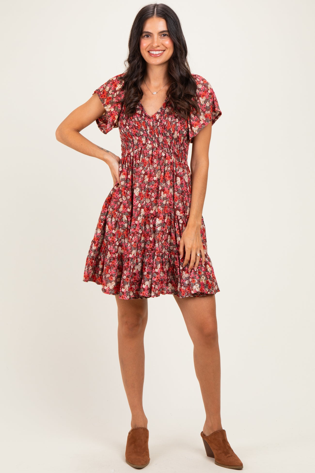 Wine Floral Flutter Sleeve Smocked Mini Dress