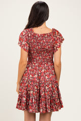Wine Floral Flutter Sleeve Smocked Mini Dress