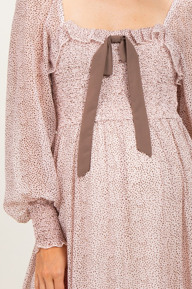 Primrose Brown Dot Smocked Ribbon Tie Ruffle Maternity Maxi Dress