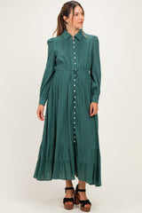 Emerald Teal Pleated Front Button Down Maternity Maxi Dress