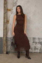 Dark Brown Lace Ruched Maternity Midi Tank Dress