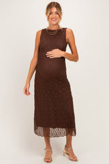 Dark Brown Lace Ruched Maternity Midi Tank Dress