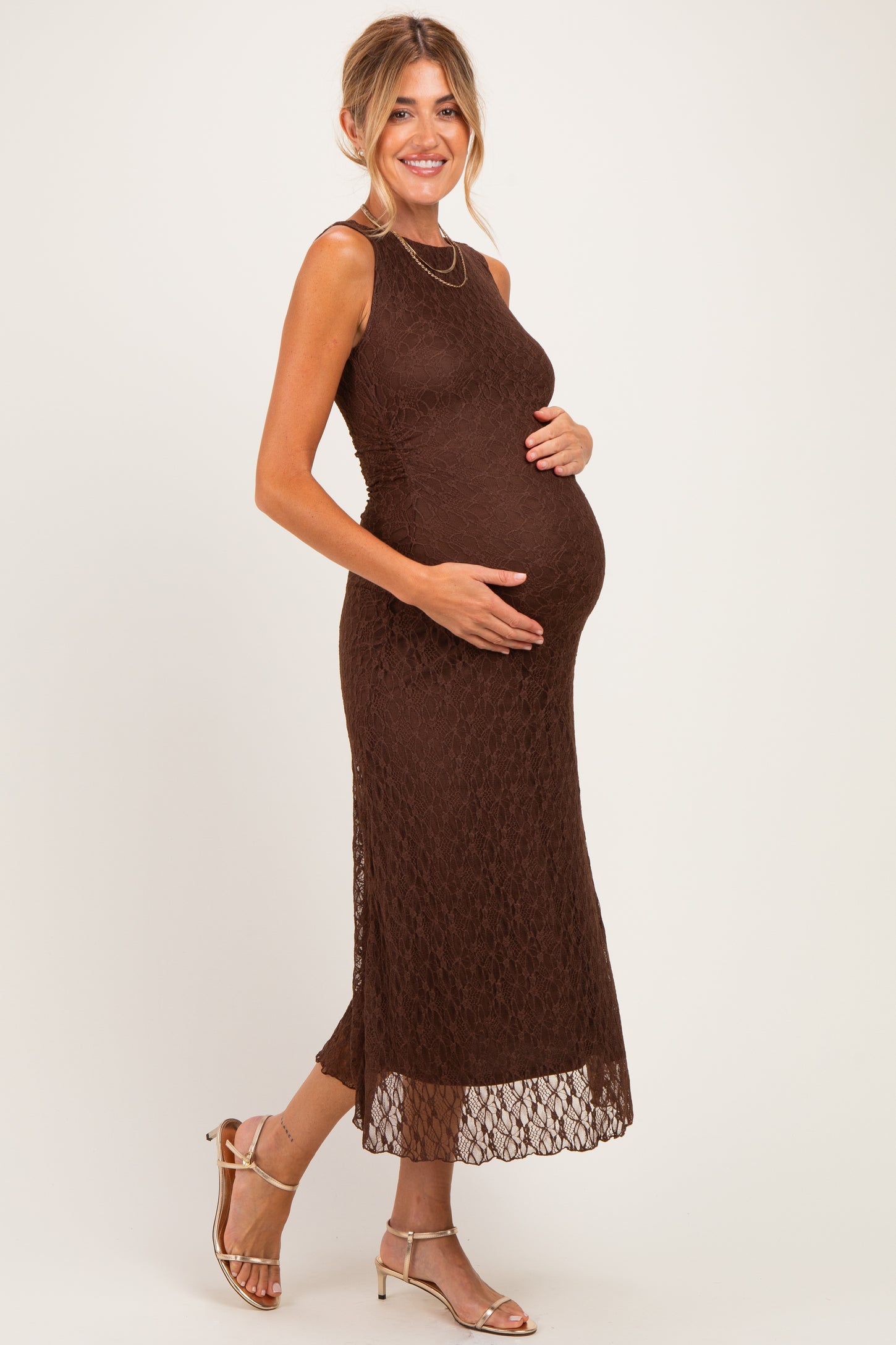 Dark Brown Lace Ruched Maternity Midi Tank Dress