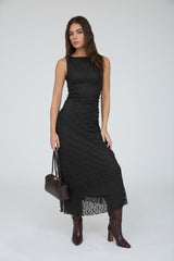 Black Lace Ruched Maternity Midi Tank Dress