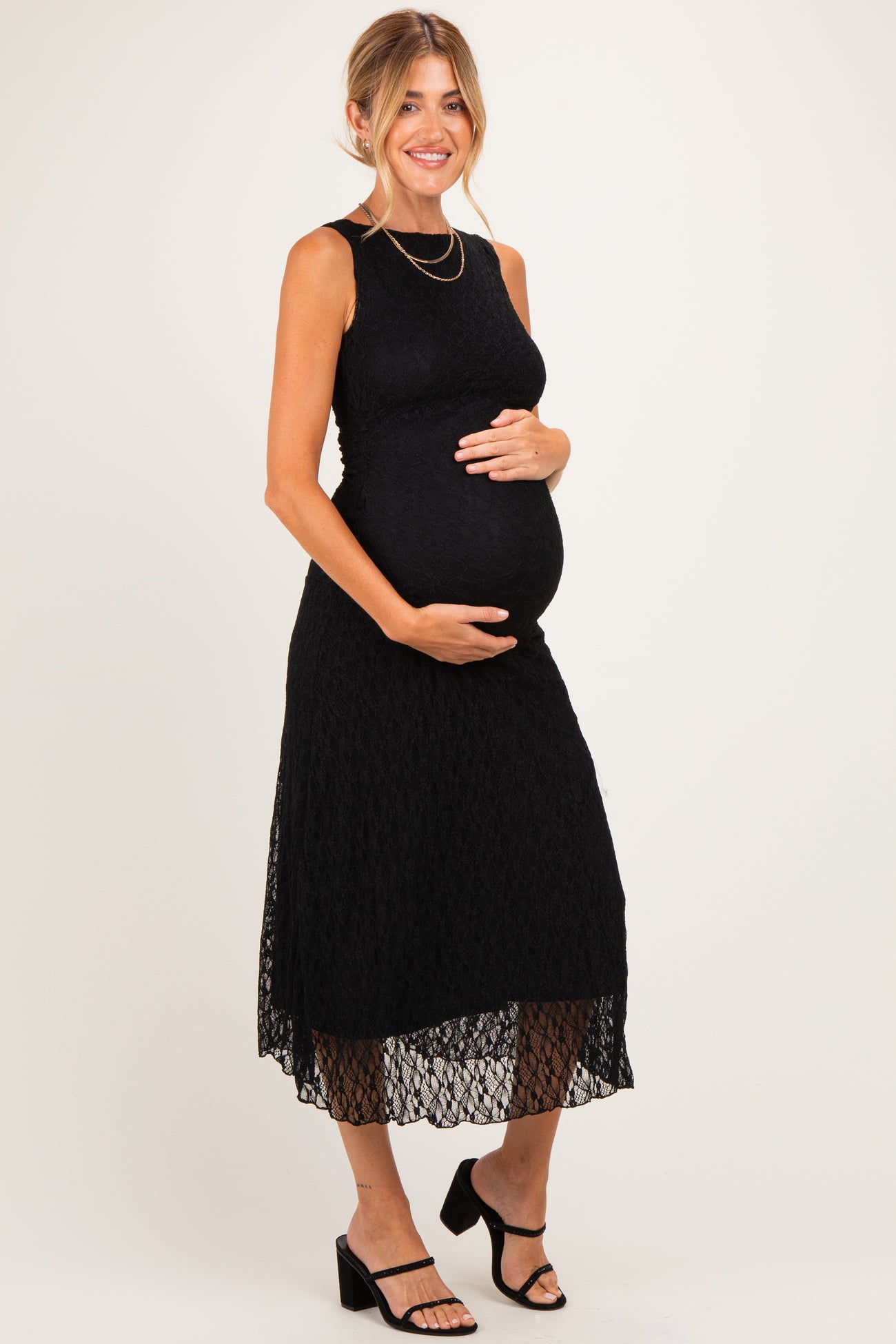 Black Lace Ruched Maternity Midi Tank Dress