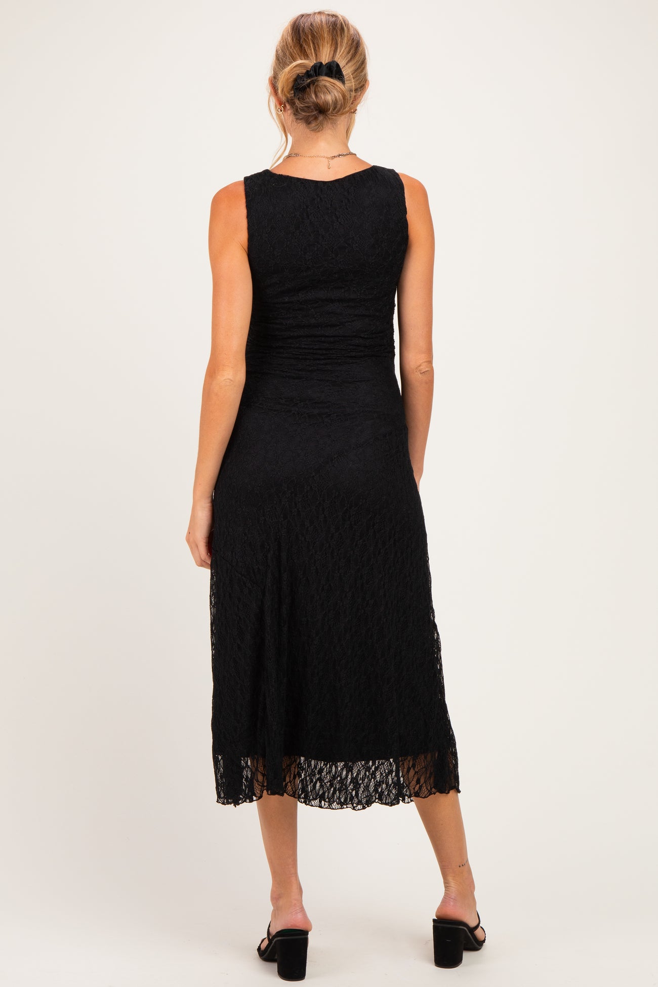 Black Lace Ruched Maternity Midi Tank Dress