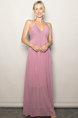 Mauve Crinkle Chiffon V-Neck Maxi Dress