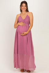 Mauve Crinkle Chiffon V-Neck Maternity Maxi Dress