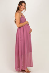 Mauve Crinkle Chiffon V-Neck Maternity Maxi Dress