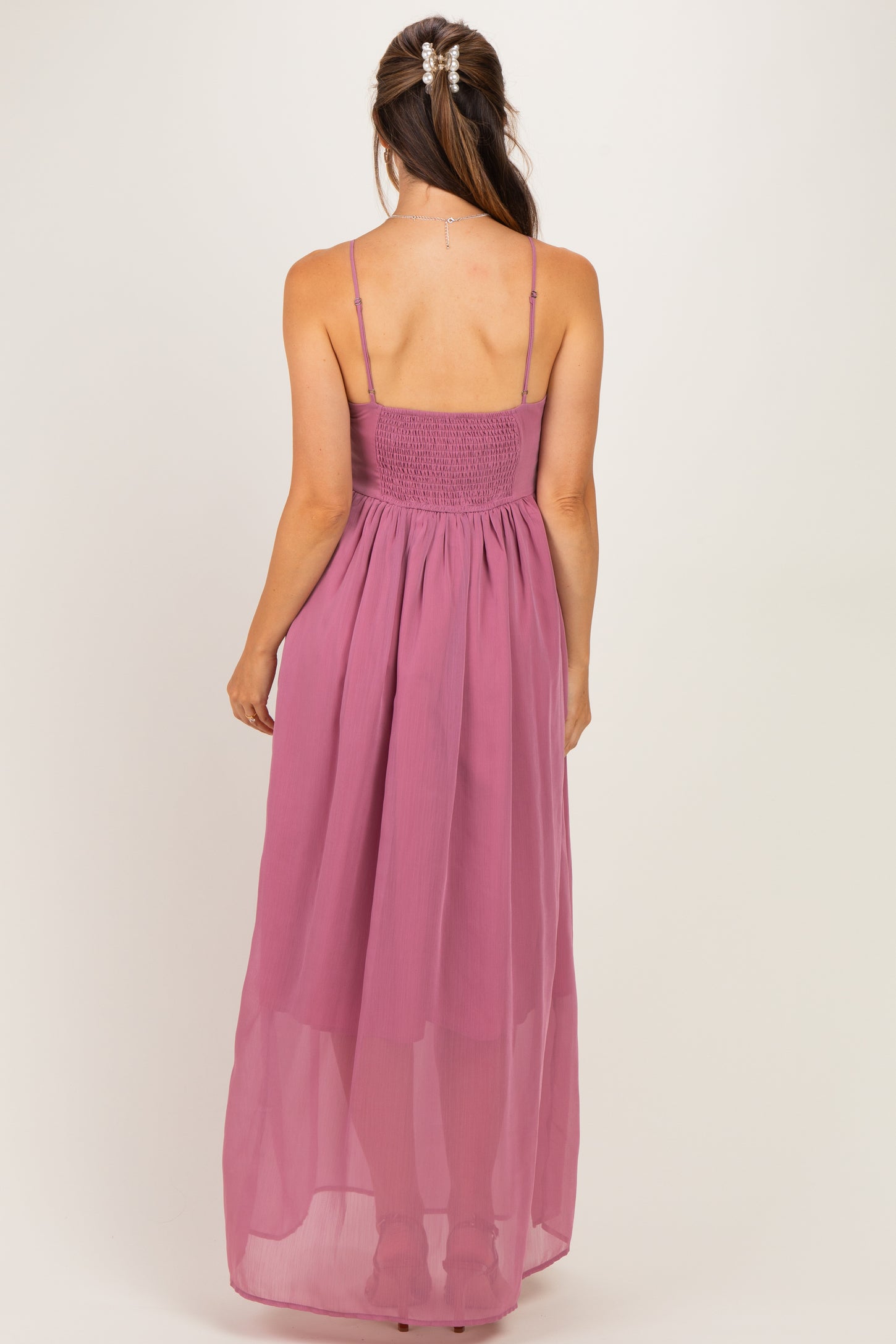 Mauve Crinkle Chiffon V-Neck Maternity Maxi Dress