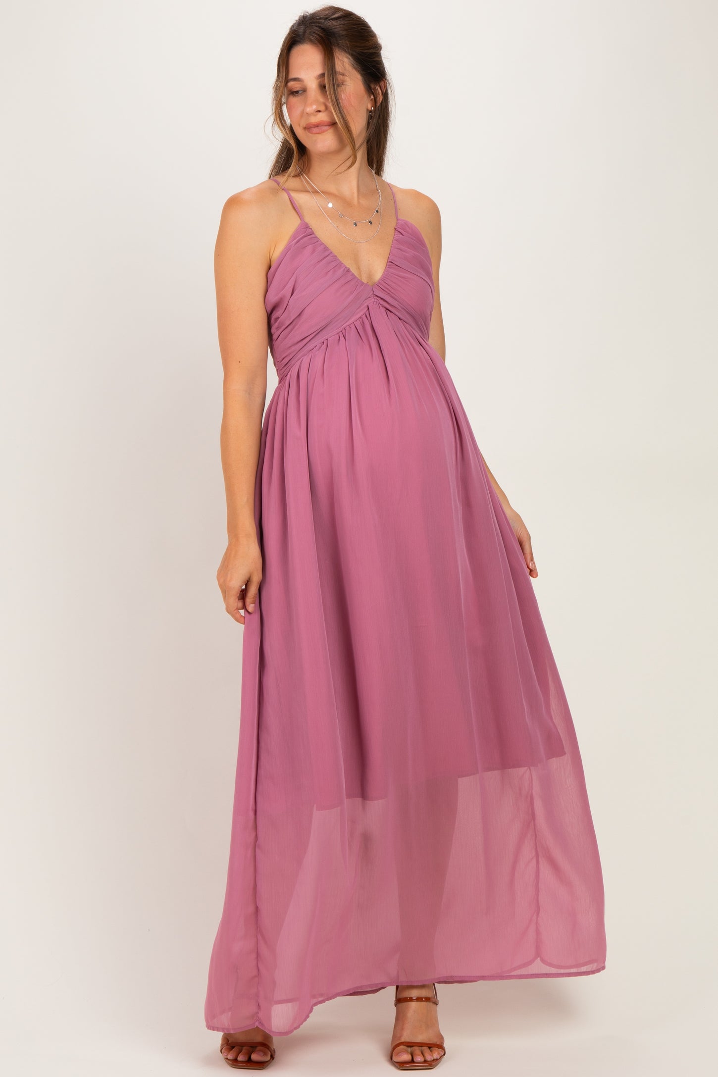 Mauve Crinkle Chiffon V-Neck Maternity Maxi Dress