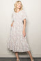 Cream Floral Smocked Lace Trim Midi Dress